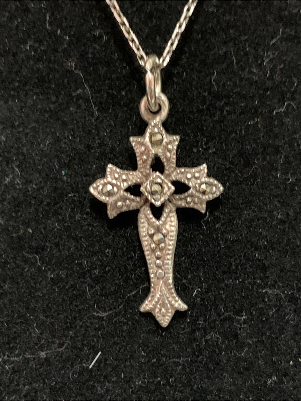 Sterling Silver 3/4 Inch Cross Pendant 20 Inch Necklace Silver Marcasite Accent